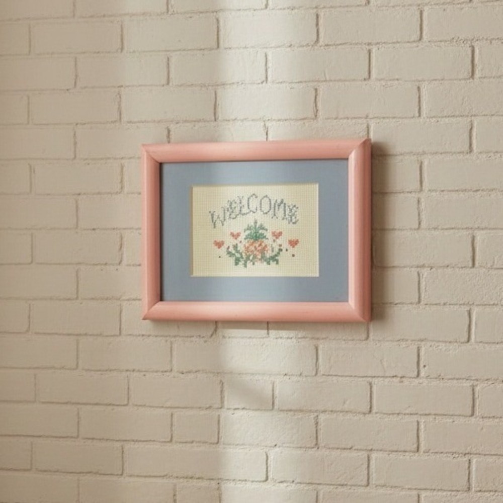 Framed Cross Stitch Welcome Pineapple Heart Home Decor Wall Art